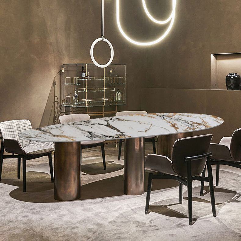 Oval Traditional Luxury Dining Table Sintered Stone Table with 3 Gold Legs