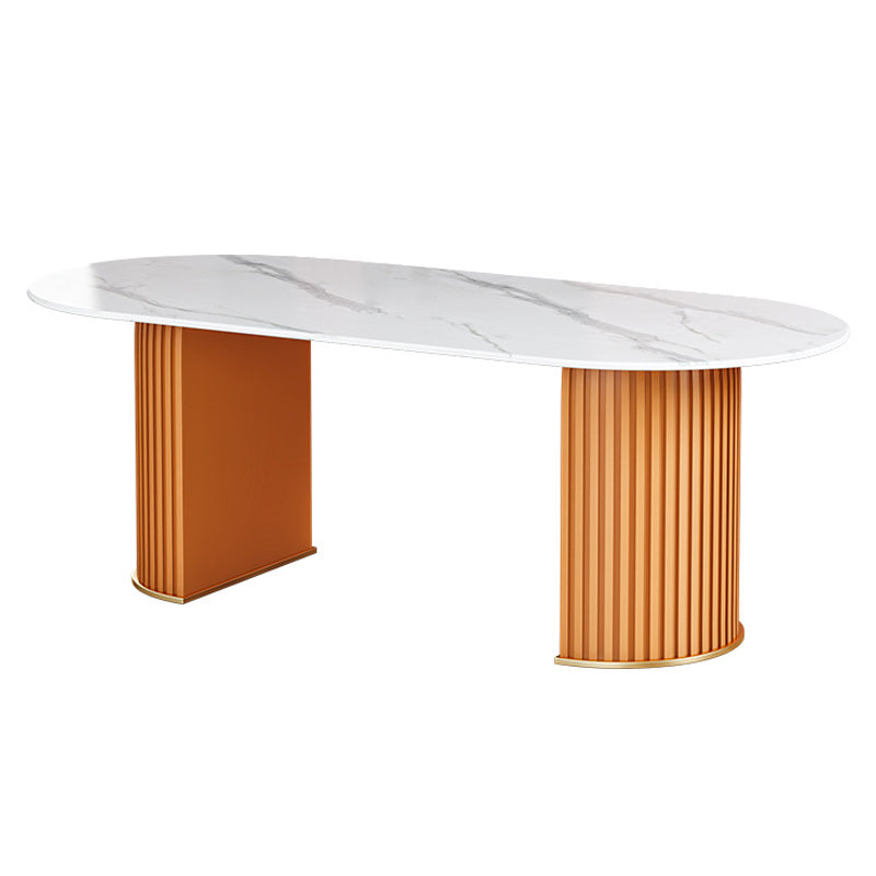 Ovaal gesinterde stenen eettafel moderne tafel in wit met metalen dubbele voetstukbasis