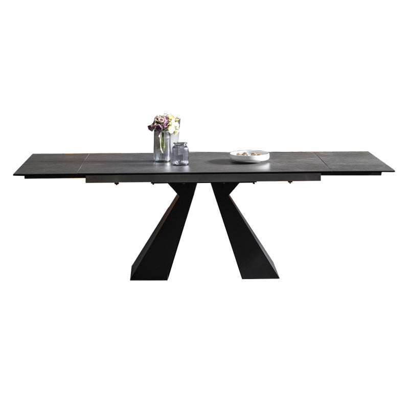 Rectangle Traditional Luxury Dining Table Grey Sintered Stone Table with Black Double Pedestal