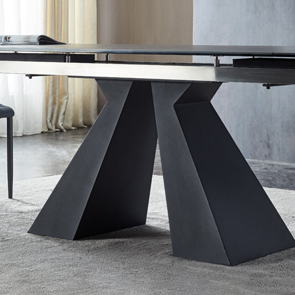 Rectangle Traditional Luxury Dining Table Grey Sintered Stone Table with Black Double Pedestal