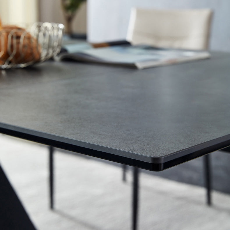 Rectangle Traditional Luxury Dining Table Grey Sintered Stone Table with Black Double Pedestal