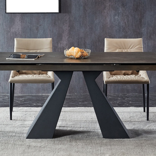Rectangle Traditional Luxury Dining Table Grey Sintered Stone Table with Black Double Pedestal