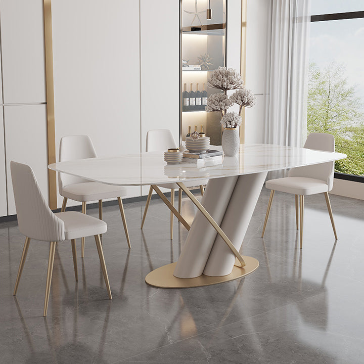 Rectangle Traditional Luxury Dining Table Sintered Stone Table with Pedestal Base
