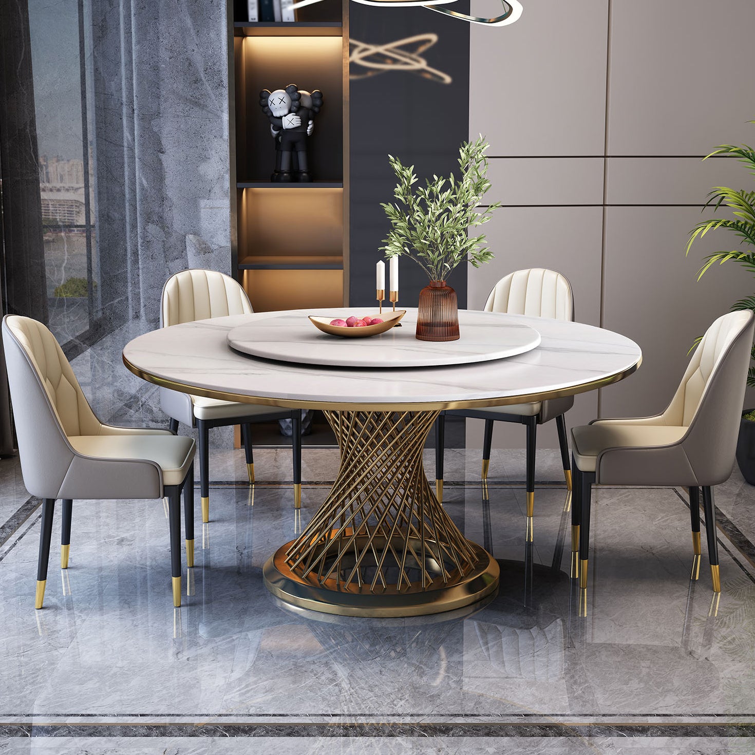 Metal Mesa de comedor redondo de lujo de metal Mesa de piedra sinterizada para cocina y comedor