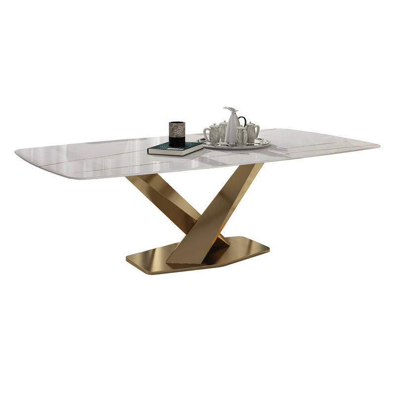 Metal Traditional Luxury Rectangle Table Sintered Stone Dining Table with Pedestal Base