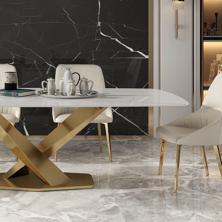 Metal Traditional Luxury Rectangle Table Sintered Stone Dining Table with Pedestal Base