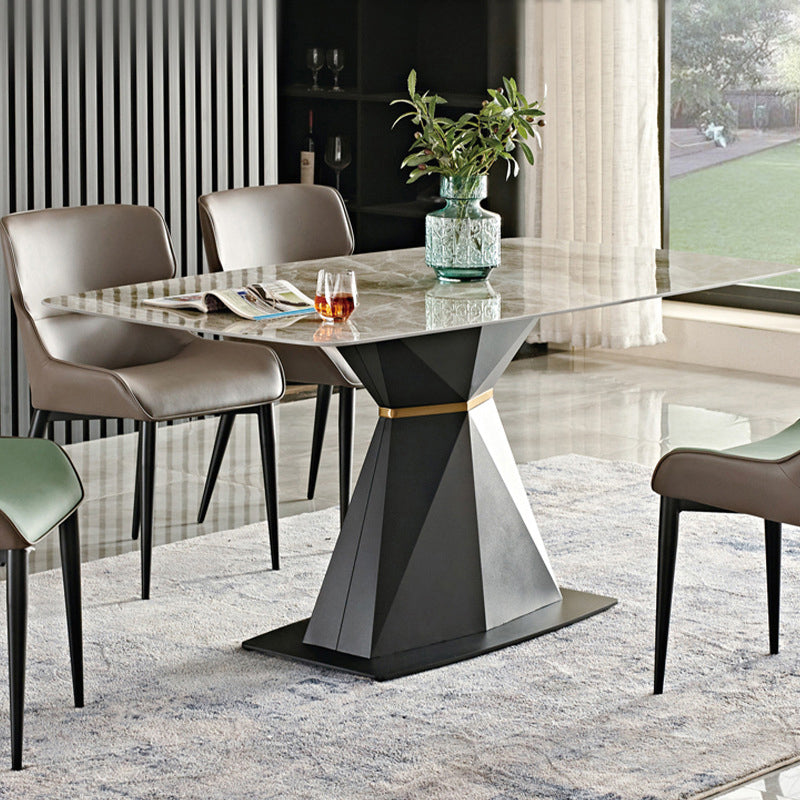 Metal Traditional Luxury Rectangular Table Sintered Stone Dining Table with Pedestal Base