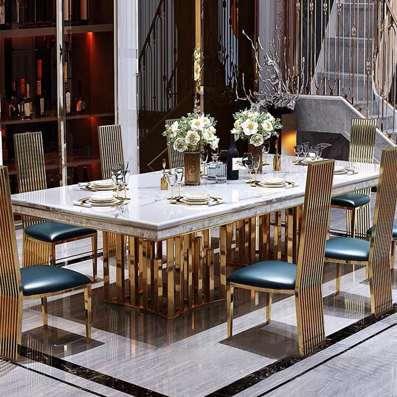 Traditional Luxury Marble Dining Table Rectangle Table with Metal Double Pedestal in Gold