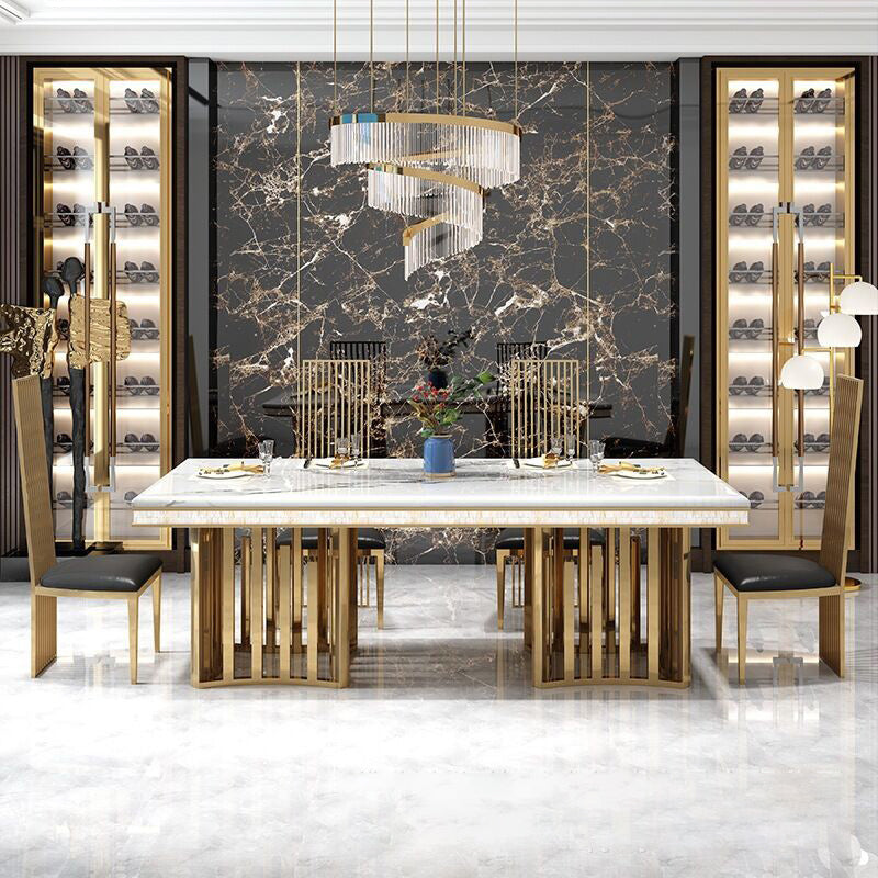 Traditional Luxury Marble Dining Table Rectangle Table with Metal Double Pedestal in Gold