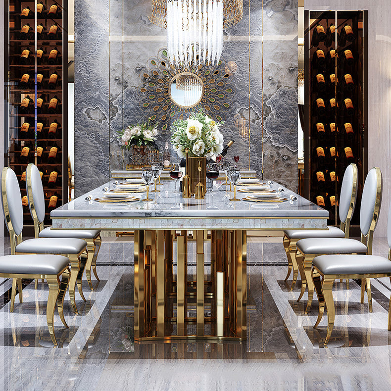 Traditional Luxury Marble Dining Table Rectangle Table with Metal Double Pedestal in Gold