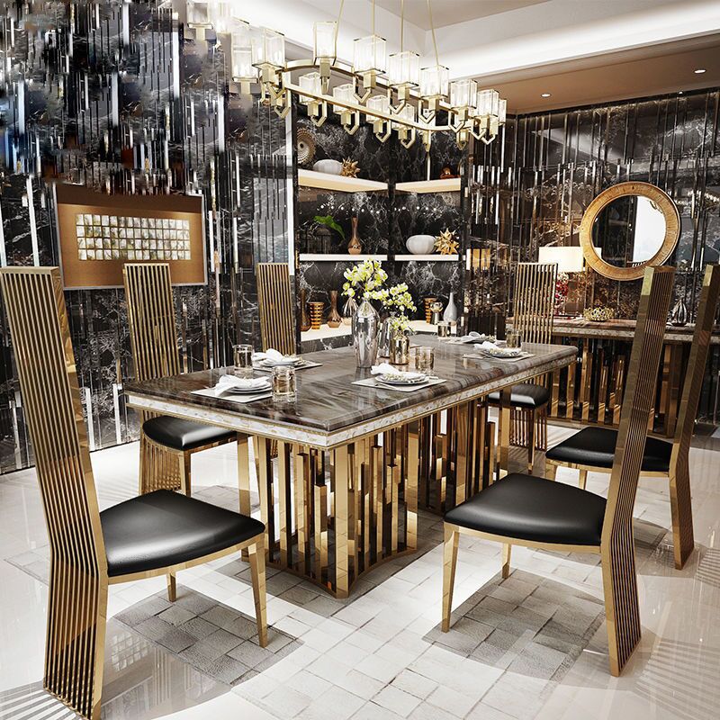 Traditional Luxury Marble Dining Table Rectangle Table with Metal Double Pedestal in Gold