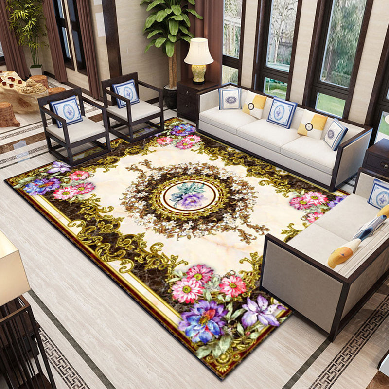 Classical Flower Pattern Rug Polyester Indoor Carpet Non-Slip Backing Area Rug for Living Room