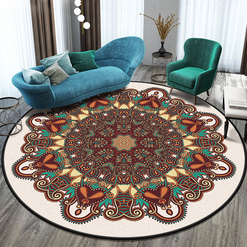 Moroccan Round Rug Medallion Print Indoor Rug Stain Resistant Polyester Area Rug for Living Room