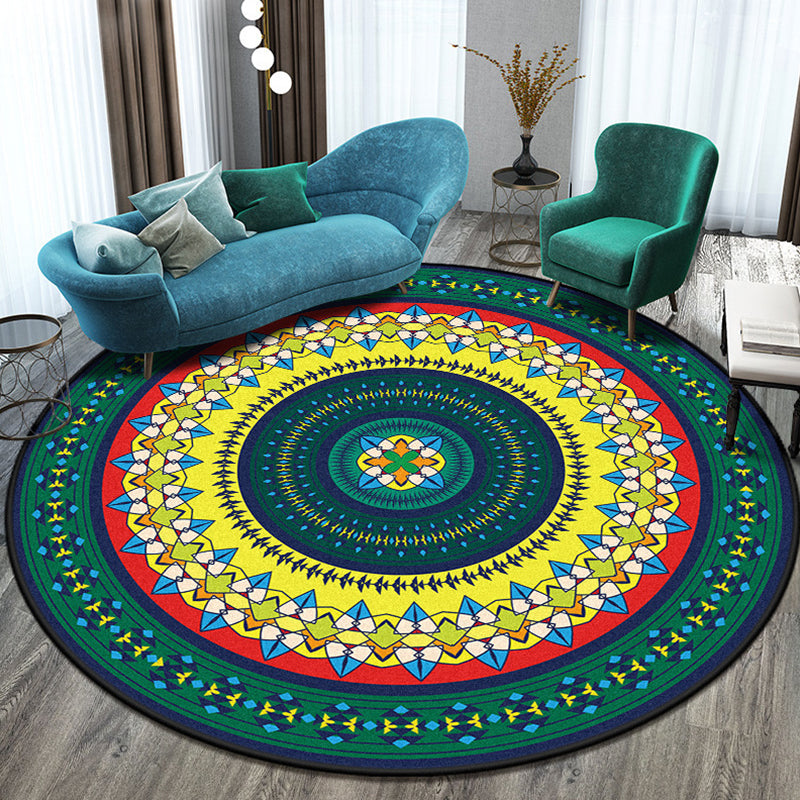 Moroccan Round Rug Medallion Print Indoor Rug Stain Resistant Polyester Area Rug for Living Room
