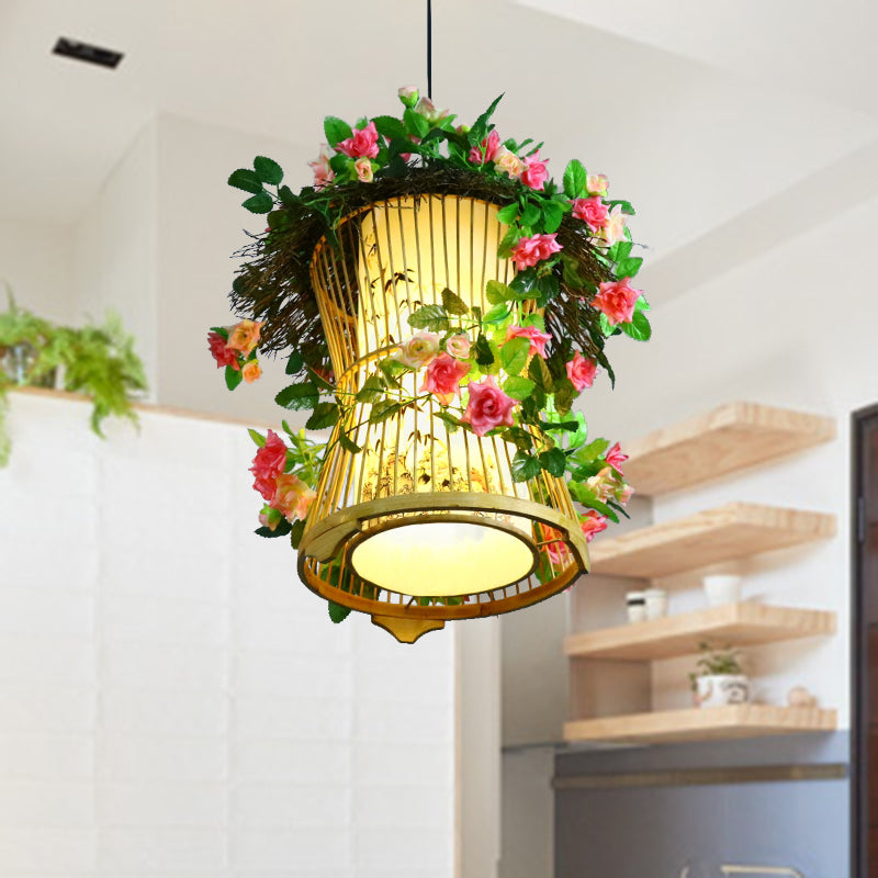 1 Bulb Bamboo Pendant Light Fixture Industrial Green Cylinder/Kerosene Lamp Restaurant LED Plant Hanging Lamp