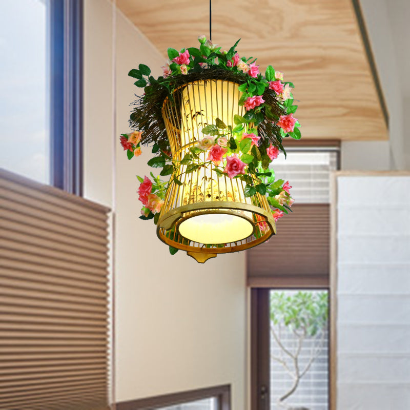 1 Glühbirne Bambus Anhänger Leuchte Leuchte Industrielle grüne Zylinder/Kerosinlampe Restaurant LED -Pflanze Hängelampe