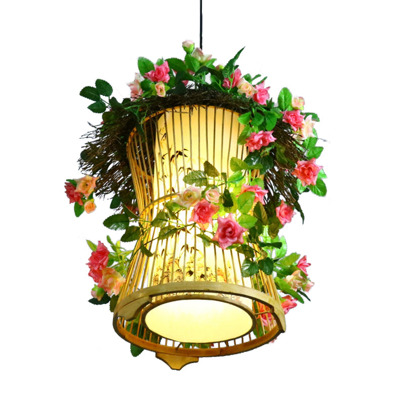 1 Glühbirne Bambus Anhänger Leuchte Leuchte Industrielle grüne Zylinder/Kerosinlampe Restaurant LED -Pflanze Hängelampe
