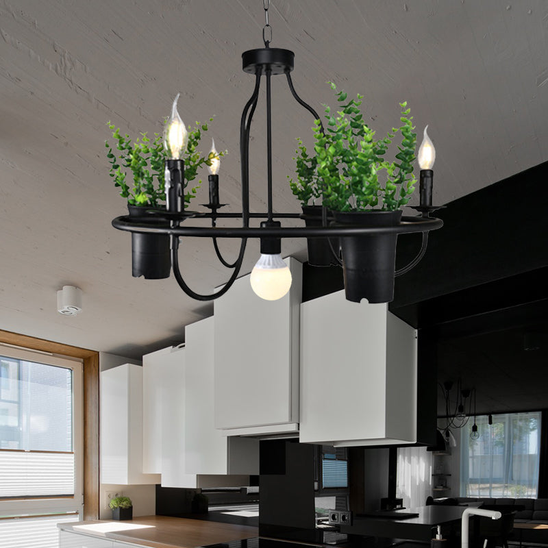 Candle Metal Chandelier Light Industrial 4/7 Bulbs Restaurant LED Hanging Lamp in Black with Plant