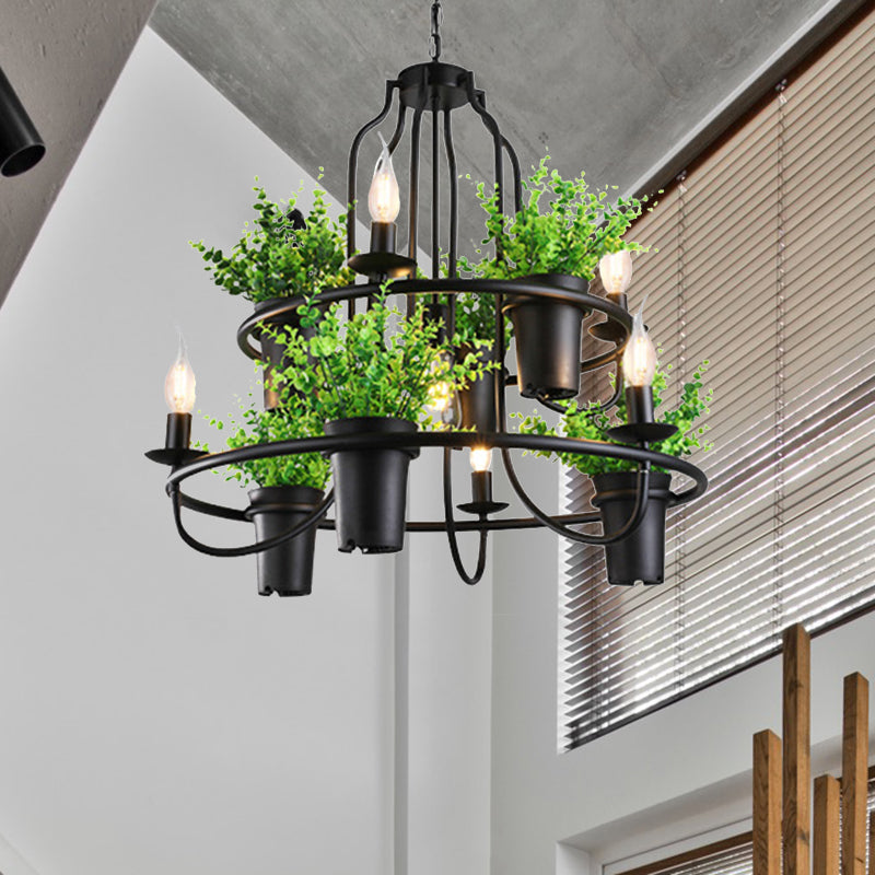 Candle Metal Chandelier Light Industrial 4/7 Bulbs Restaurant LED Hanging Lamp in Black with Plant
