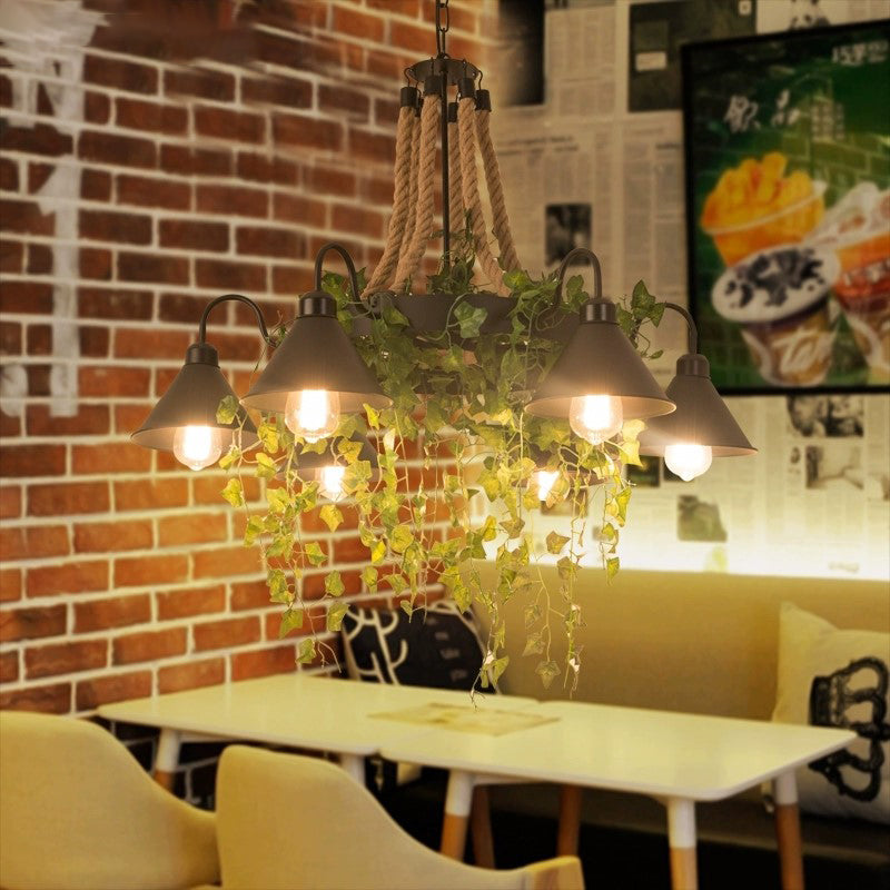 Zwart 6/8 koppen kroonluchter verlichting industrieel metaal taps toelopende LED -plantenophanging hanger voor restaurant