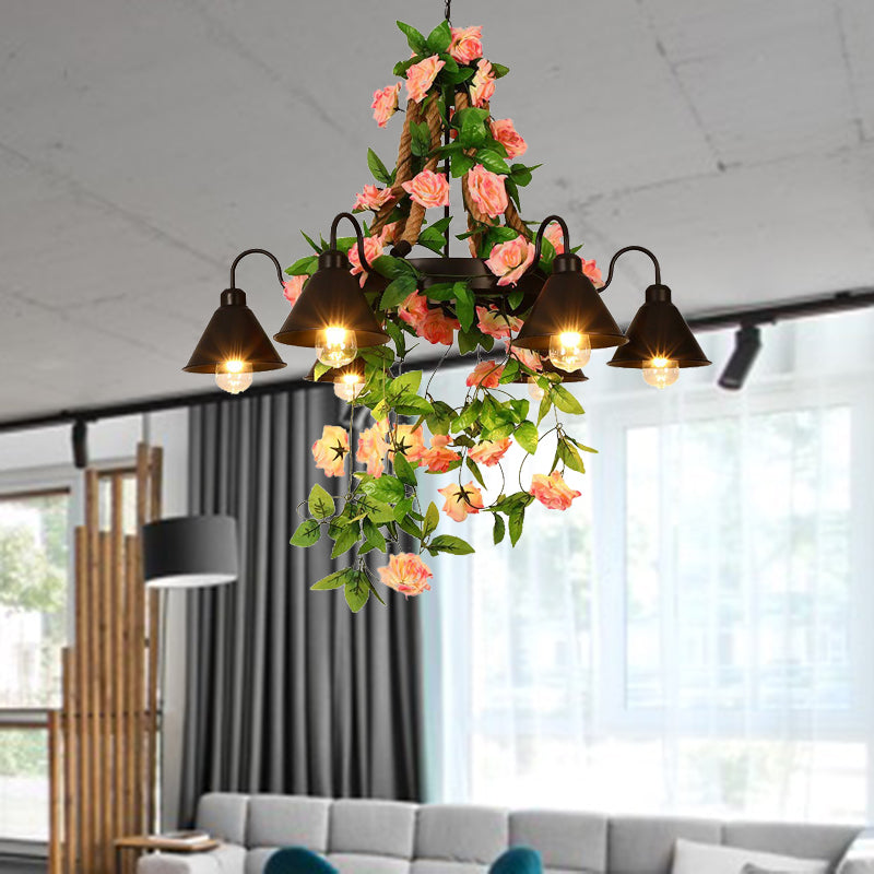 Metalen kegel kroonluchter lamp Industrial 6/8 Lights Restaurant LED plafond hanger in zwart met bloemendecoratie