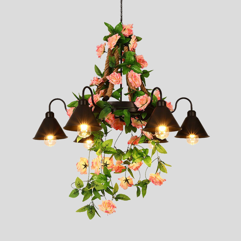 Metalen kegel kroonluchter lamp Industrial 6/8 Lights Restaurant LED plafond hanger in zwart met bloemendecoratie