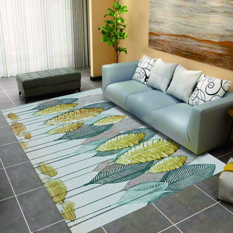Stylish Green Area Rug Plant Pattern Polyester Area Carpet Anti-Slip Easy Care Rug for Home Decor
