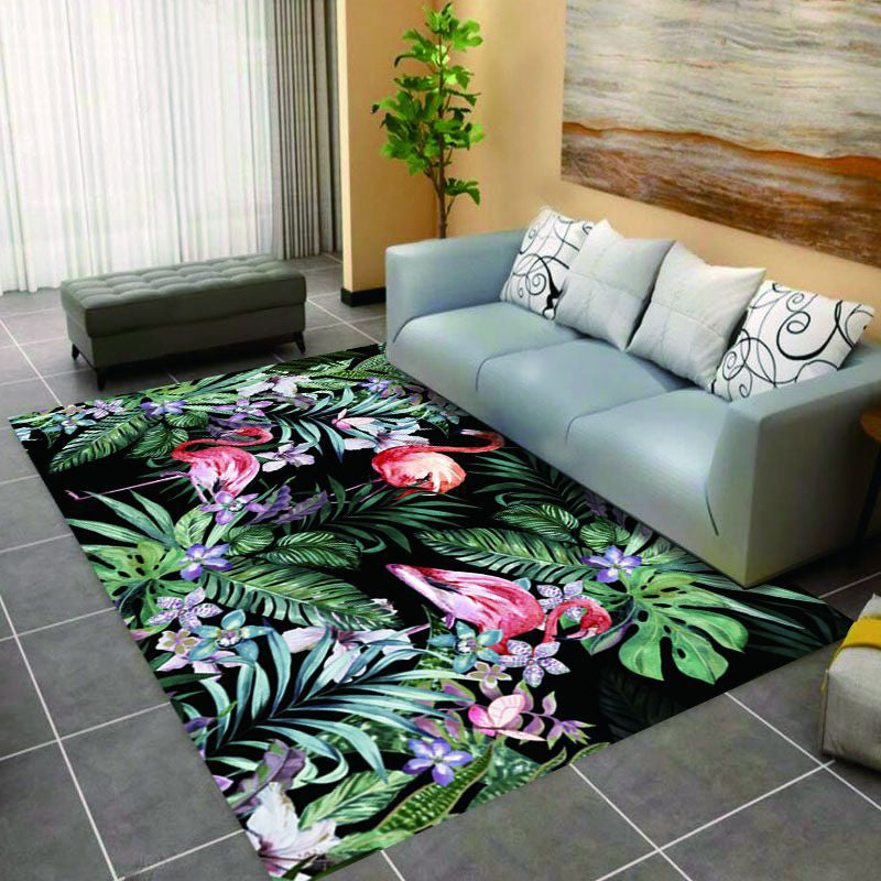 Stylish Green Area Rug Plant Pattern Polyester Area Carpet Anti-Slip Easy Care Rug for Home Decor