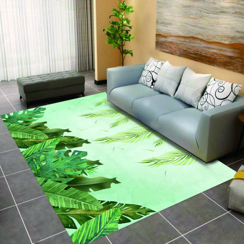 Stylish Green Area Rug Plant Pattern Polyester Area Carpet Anti-Slip Easy Care Rug for Home Decor