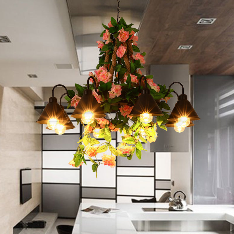 Metalen kegel kroonluchter lamp Industrial 6/8 Lights Restaurant LED plafond hanger in zwart met bloemendecoratie