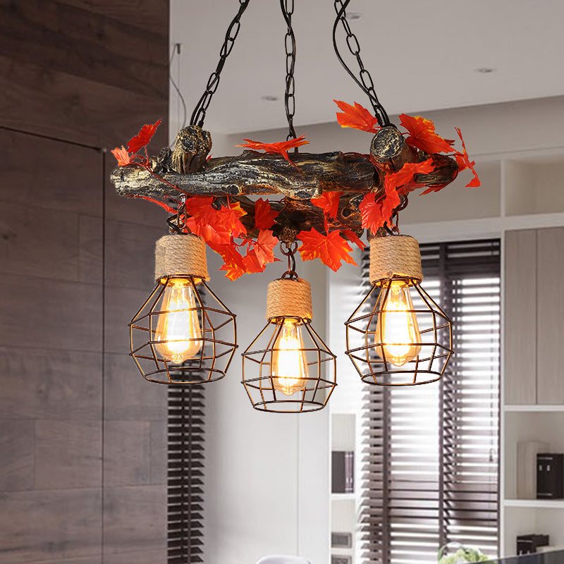 Industriële bol plafond kroonluchter 3 bollen metalen led hangende verlichtingsarmatuur in rood/roze/groen met bloem/plant/esdoornblad