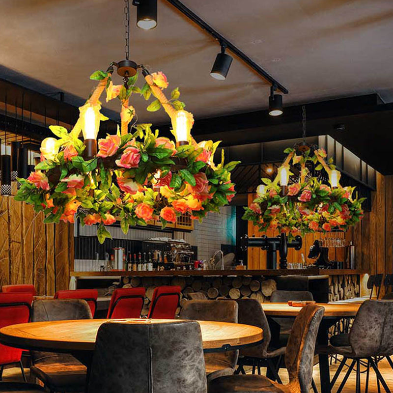 Metaal zwart hangende kroonluchter kale lamp 6 lichten industriële led hanger verlichting met bloemendecoratie