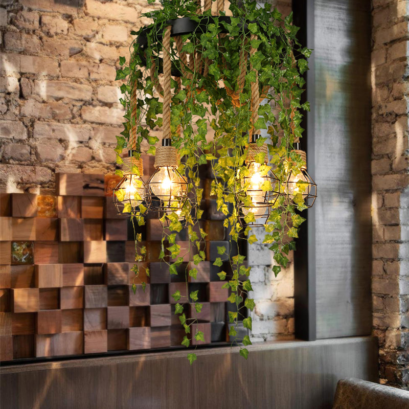 Zwart 6 koppen kroonluchter lamp antiek metaal blootgestelde lamp led naar beneden verlichting hanger met plantendecoratie