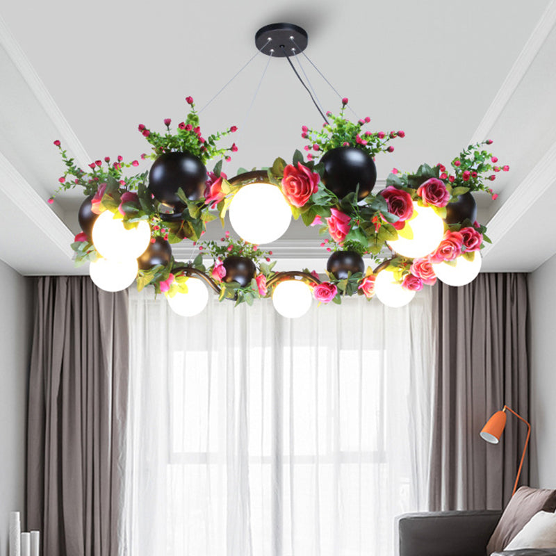 Bol metalen plafondlamp industrieel 8 lampen woonkamer kroonluchter licht in zwart met bloemendecoratie