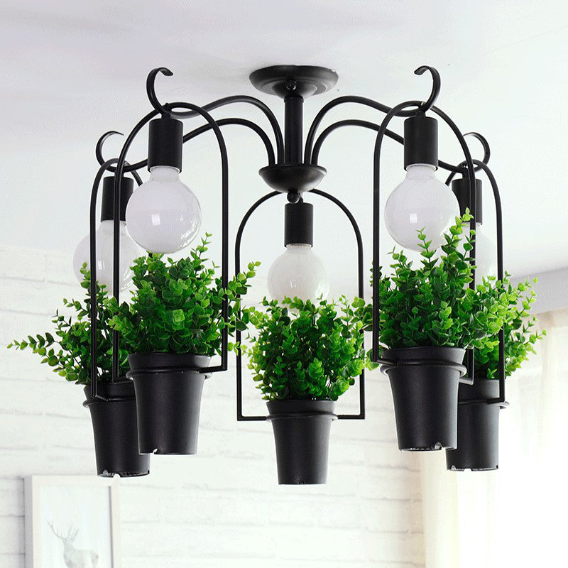 Black 5 Heads Ceiling Lighting Industrial Metal Potted Plant LED Semi Flush Mount Light for Restaurant