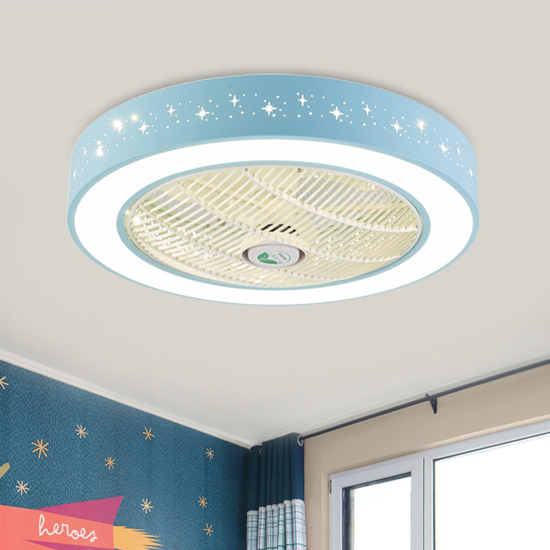 Drum Acrylic Semi Flush Mounted Lighting Kids Bedroom 7 Blades LED Ceiling Fan Lamp Fixture in Pink/Blue/White, 23.5" W