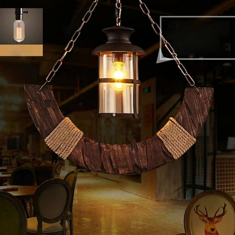 Nautical Style Hanging Light Kerosene Lamp Shaped 1 Head Wood Pendant Lamp for Hallway