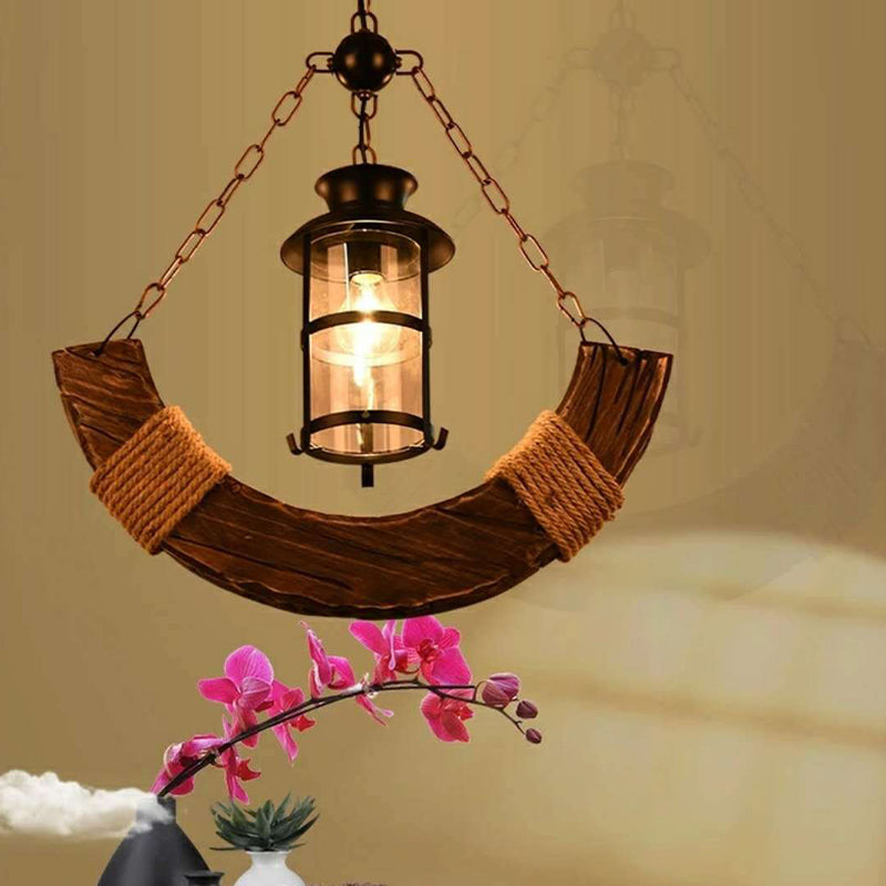 Nautical Style Hanging Light Kerosene Lamp Shaped 1 Head Wood Pendant Lamp for Hallway