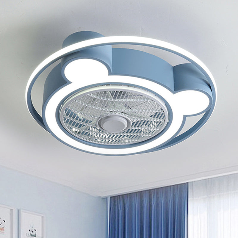 Modernism Bear Head Pendant Fan Lamp 21.5" Wide LED Acrylic Semi Flush Mounted Light in Pink/Blue with Ring