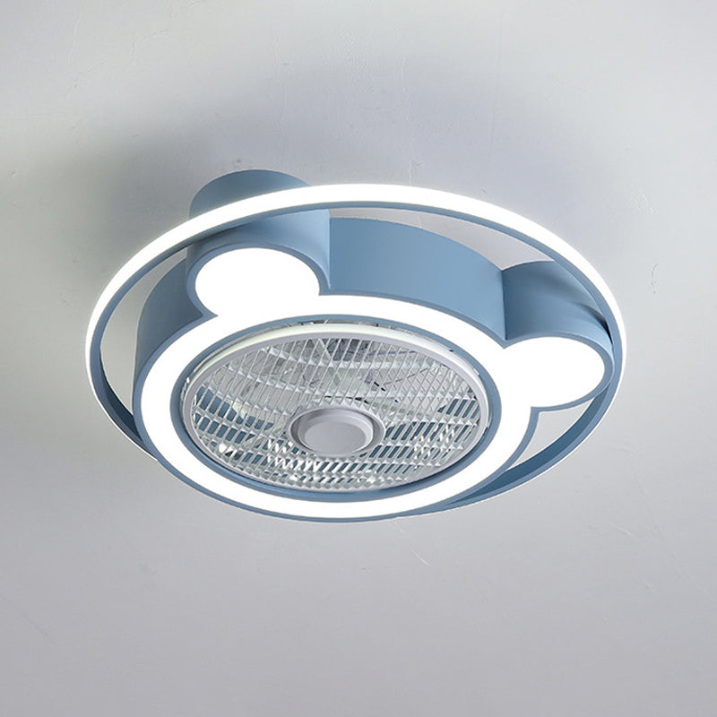Modernism Bear Head Pendant Fan Lamp 21.5" Wide LED Acrylic Semi Flush Mounted Light in Pink/Blue with Ring