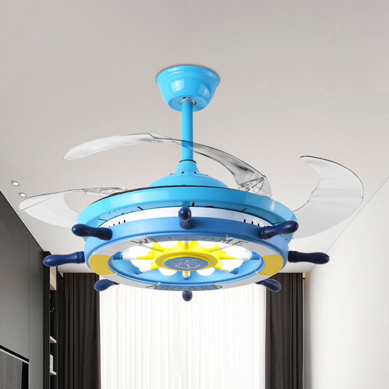 Rudder Bedroom Semi Flush Mounted Light Kids Acrylic Pink/Blue/White LED Hanging Ceiling Fan Lamp with 4 Clear Blades, 42" W