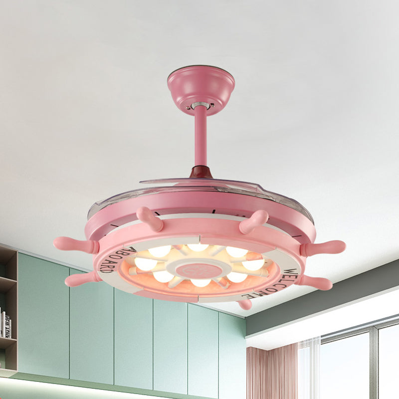 Rudder Bedroom Semi Flush Mounted Light Kids Acrylic Pink/Blue/White LED Hanging Ceiling Fan Lamp with 4 Clear Blades, 42" W