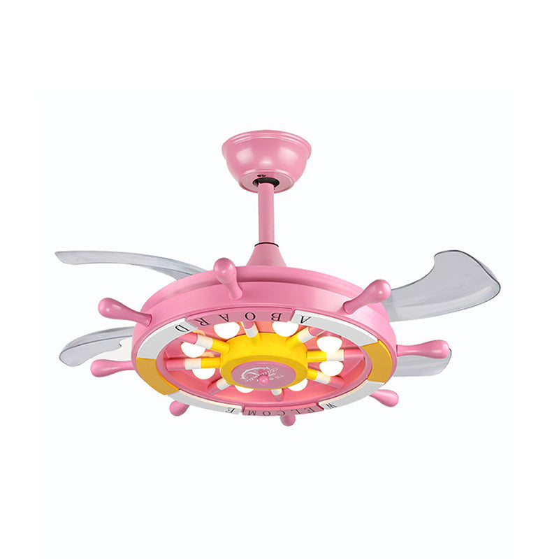 Rudder Bedroom Semi Flush Mounted Light Kids Acrylic Pink/Blue/White LED Hanging Ceiling Fan Lamp with 4 Clear Blades, 42" W