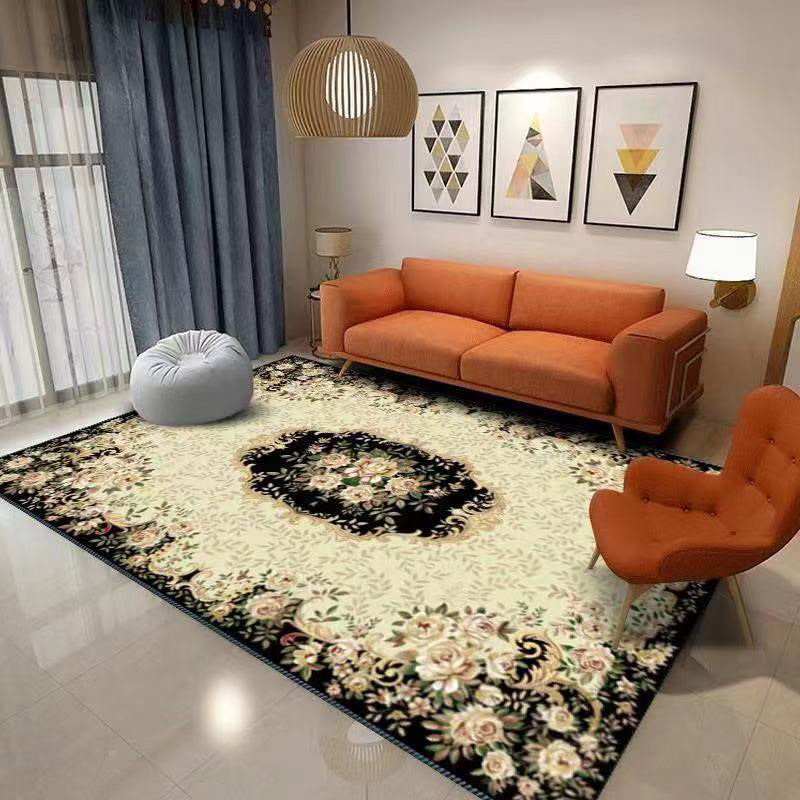 Traditional Flower Pattern Carpet Polyester Indoor Carpet Stain Resistant Area Rug for Living Room