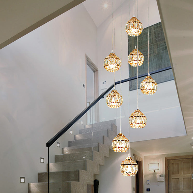 8 Lights Meteor Shower Cluster Pendant Modern Gold Crystal Hanging Ceiling Light for Stair
