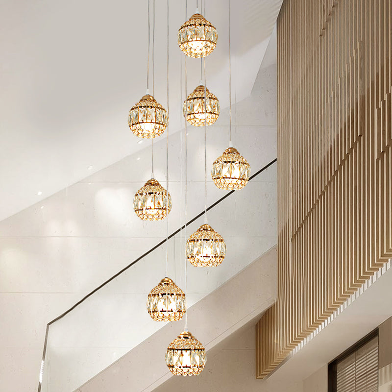 8 Lights Meteor Shower Cluster Pendant Modern Gold Crystal Hanging Ceiling Light for Stair