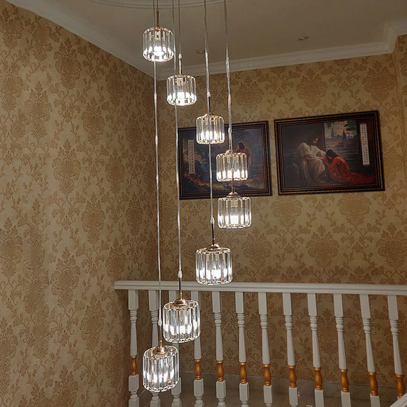 Gold 8 Bulbs Ceiling Light Modernism Crystal Mini Drum Multi Lamp Pendant with Spiral Design