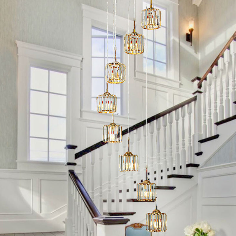 Gold 8 Bulbs Ceiling Light Modernism Crystal Mini Drum Multi Lamp Pendant with Spiral Design