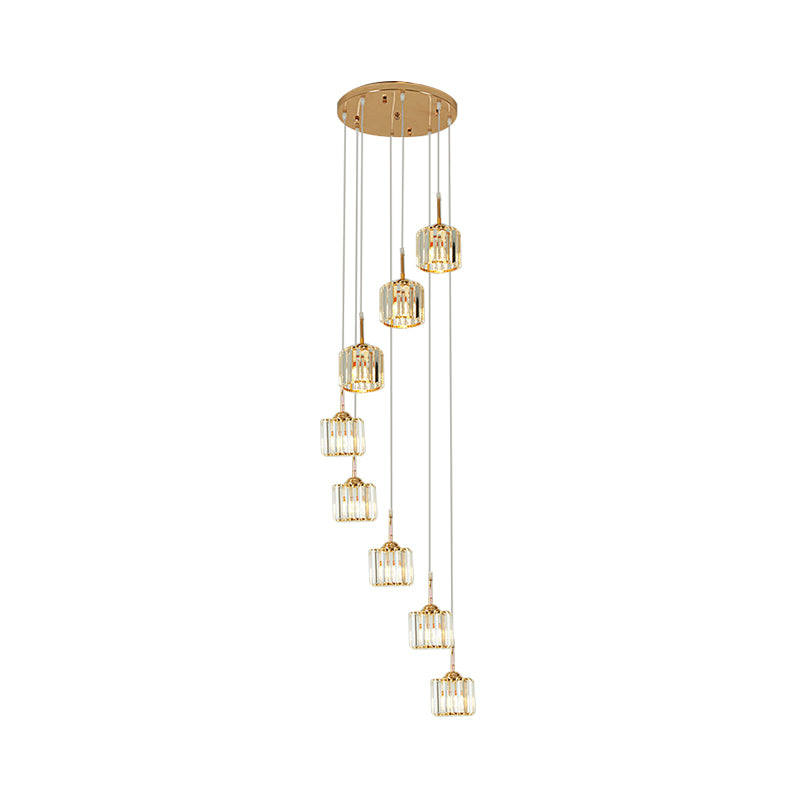 Gold 8 Bulbs Ceiling Light Modernism Crystal Mini Drum Multi Lamp Pendant with Spiral Design