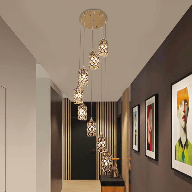 8 Heads Hanging Lamp Contemporary Stair Multi Light Pendant with Cylinder Crystal Shade in Gold